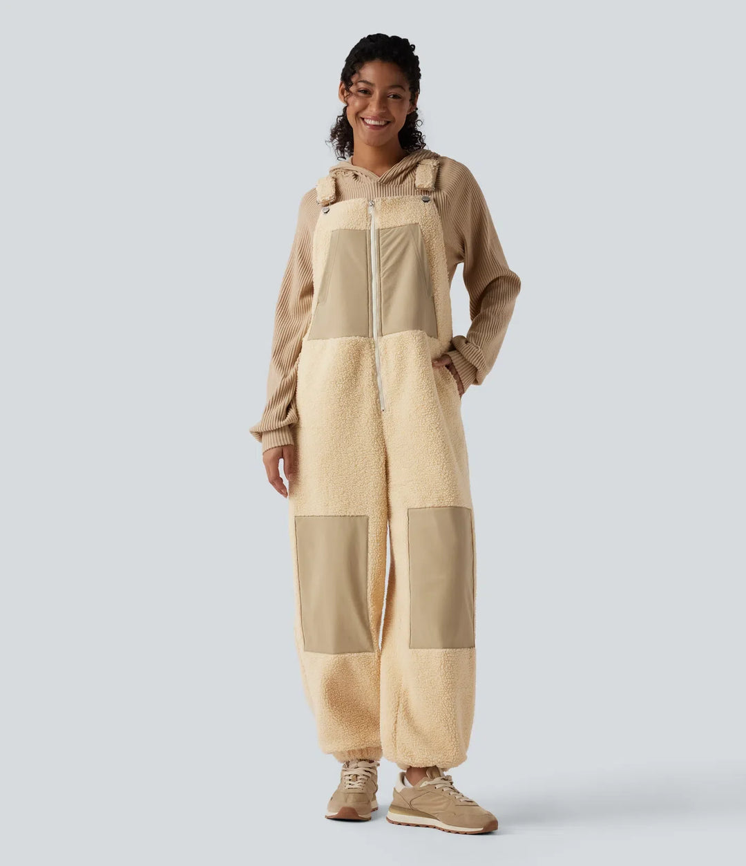 Adjustable Straps Casual Sherpa Overalls with Pockets