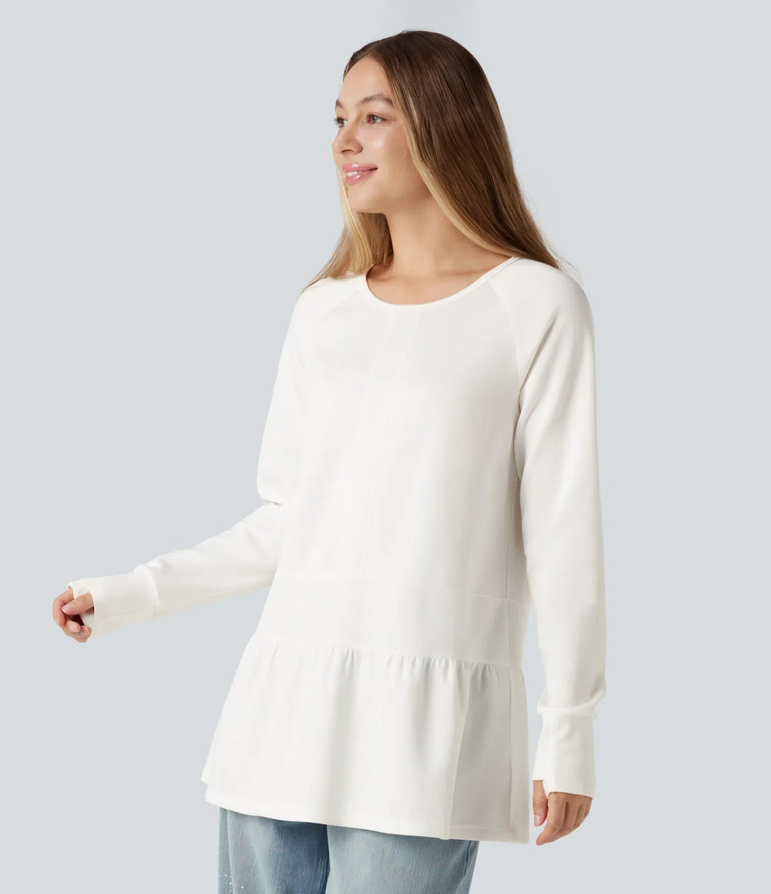 Round Neck Long Sleeve Thumb Holes Ruffle Hem Casual Sweatshirt