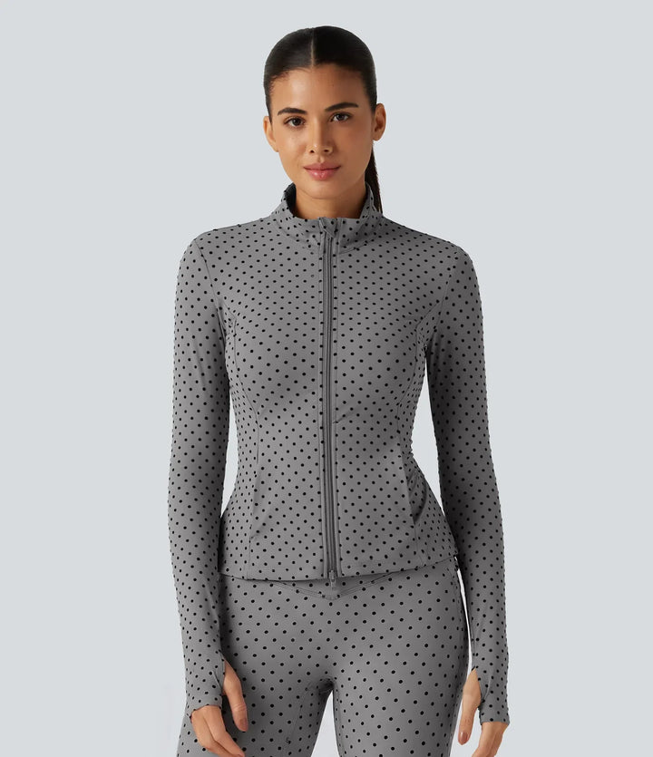 Halara UltraSculpt Stand Collar Long Sleeve Thumb Hole Pleated Polka Dot Yoga Jacket with Pockets