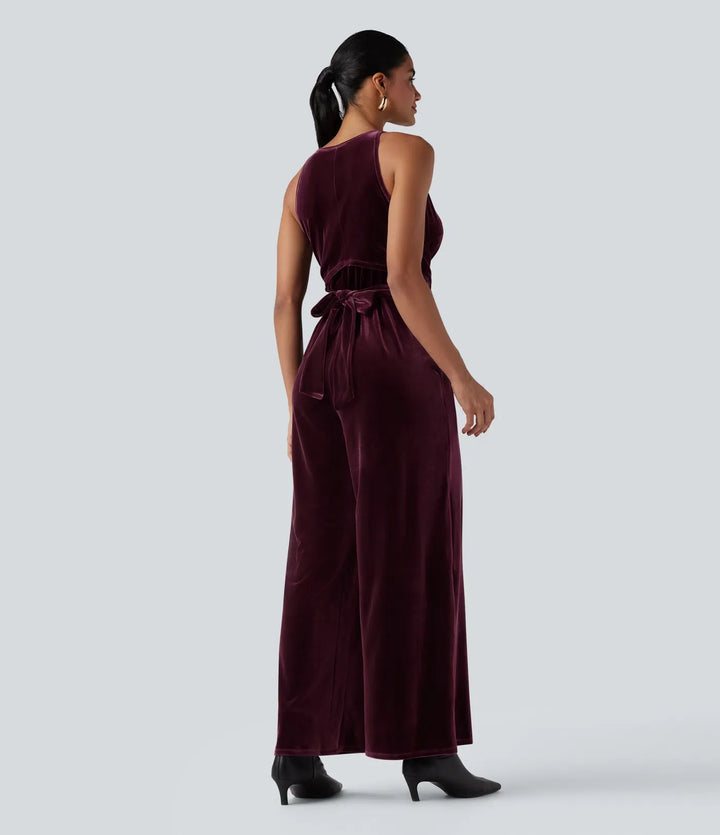 Round Neck Sleeveless Tie Back Velvet Party Jumpsuit with Pockets