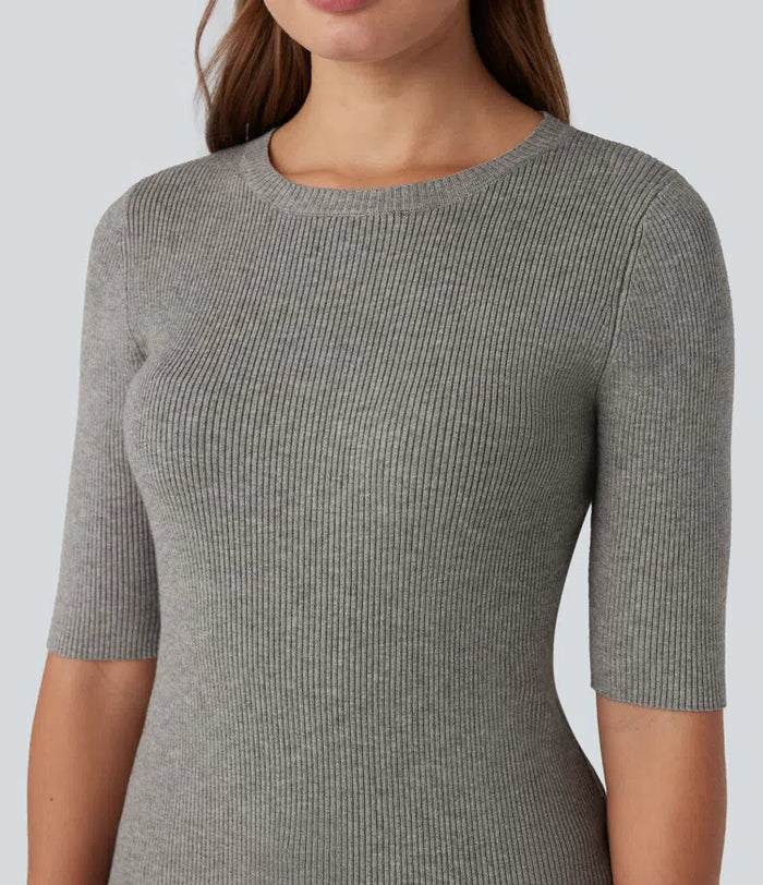 Ribbed Knit Round Neck Half Sleeve Work Sweater