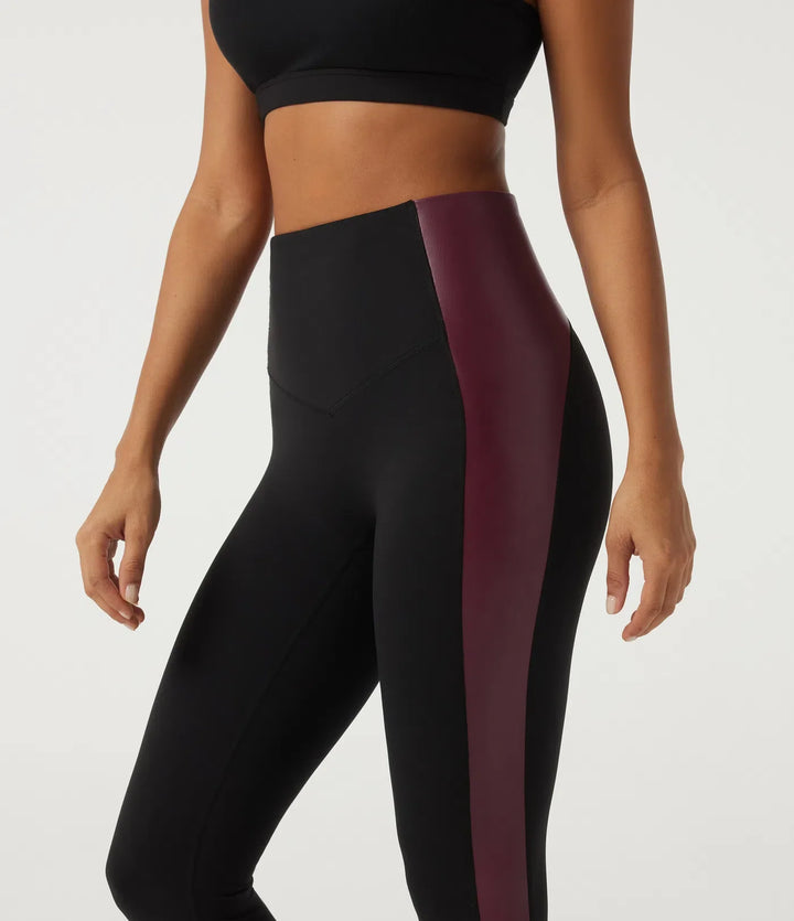 High Waisted Tummy Control Color Block Stretchy PU Yoga Leggings with Pocket
