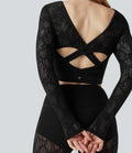 SoftlyZero Contrast Lace Crossover Hem Long Sleeve Cropped Yoga Sports Top