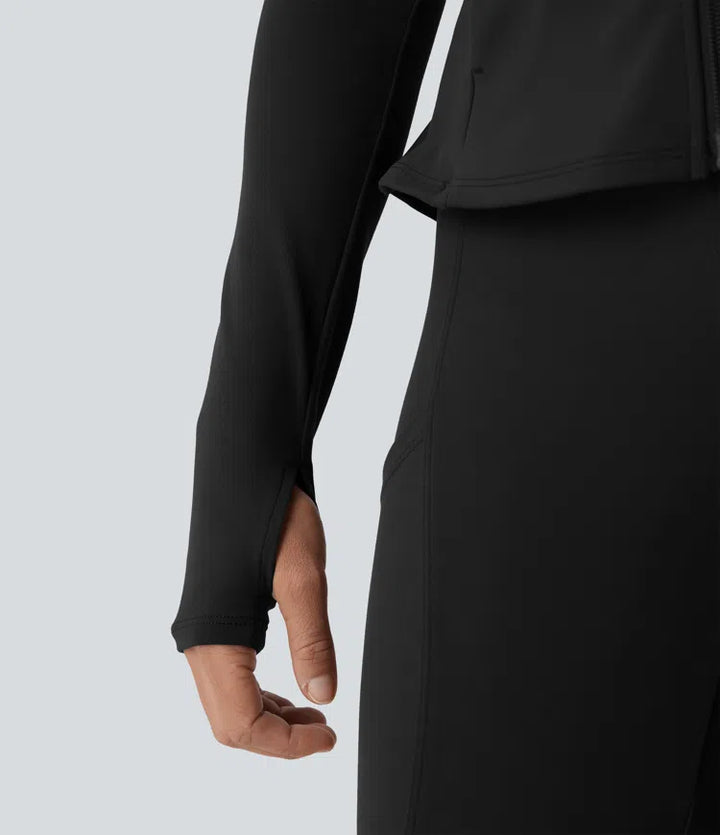 DayStretch Stand Collar Zipper Thumb Hole Ruffle Hem Slim Jacket with Pockets