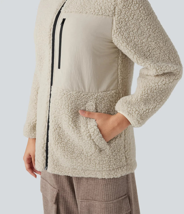 Stand Collar Zip Fly Relaxed Hiking Teddy Jacket with Pockets
