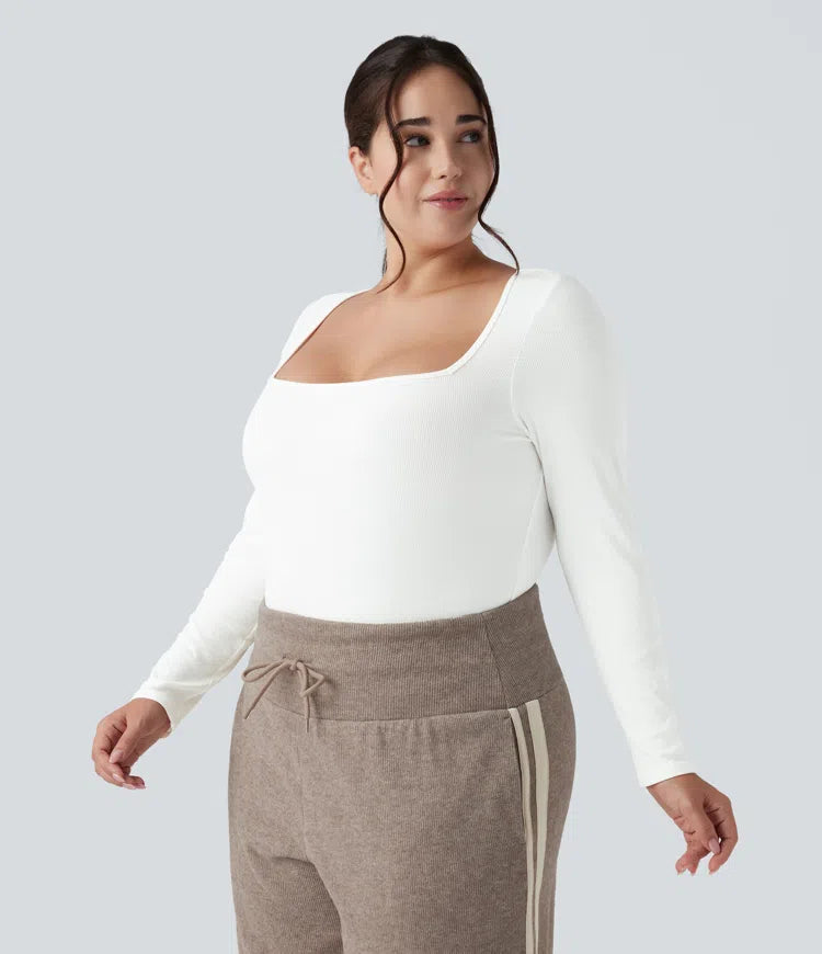 Ribbed Knit Square Neck Long Sleeve Skinny Casual Plus Size Bodysuit