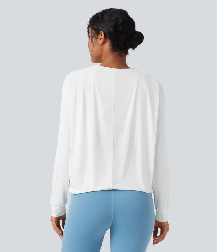 Round Neck Long Sleeve Ruched Yoga Sports Top-UPF50+