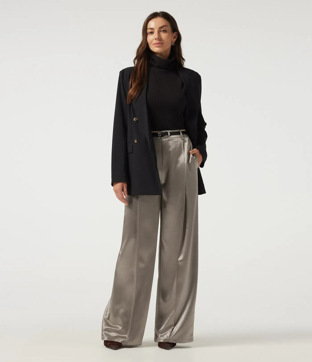 High Waisted Straight Leg Satin Work Pants with Pockets