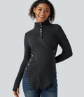 Ribbed Knit High Neck Long Sleeve Thumb Hole Crossover Hem Slim Work Sweater