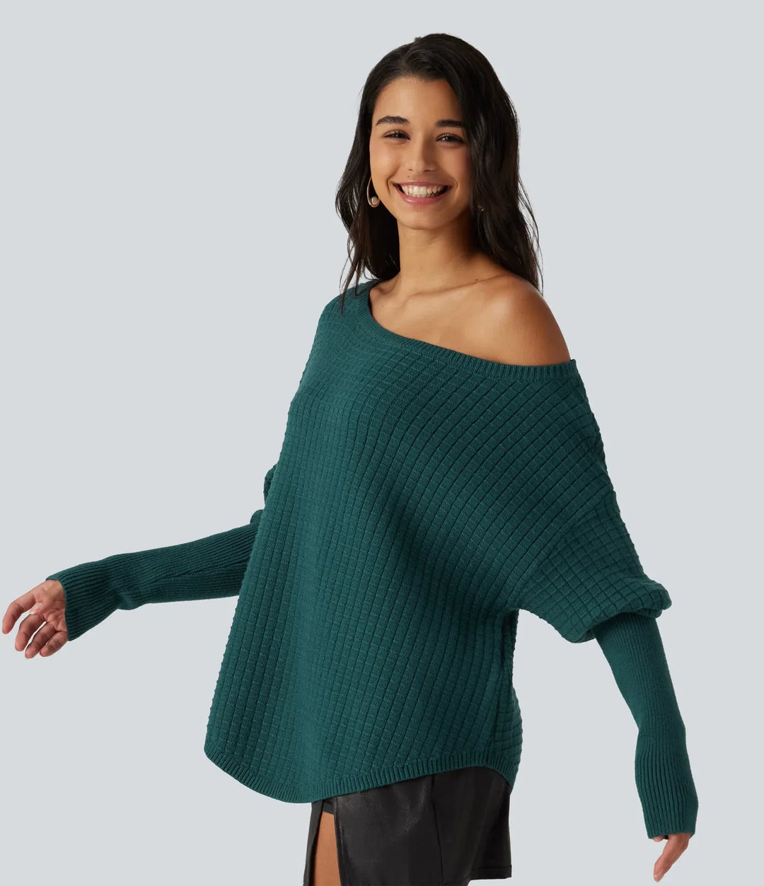 Off Shoulder Batwing Long Sleeve Work Sweater