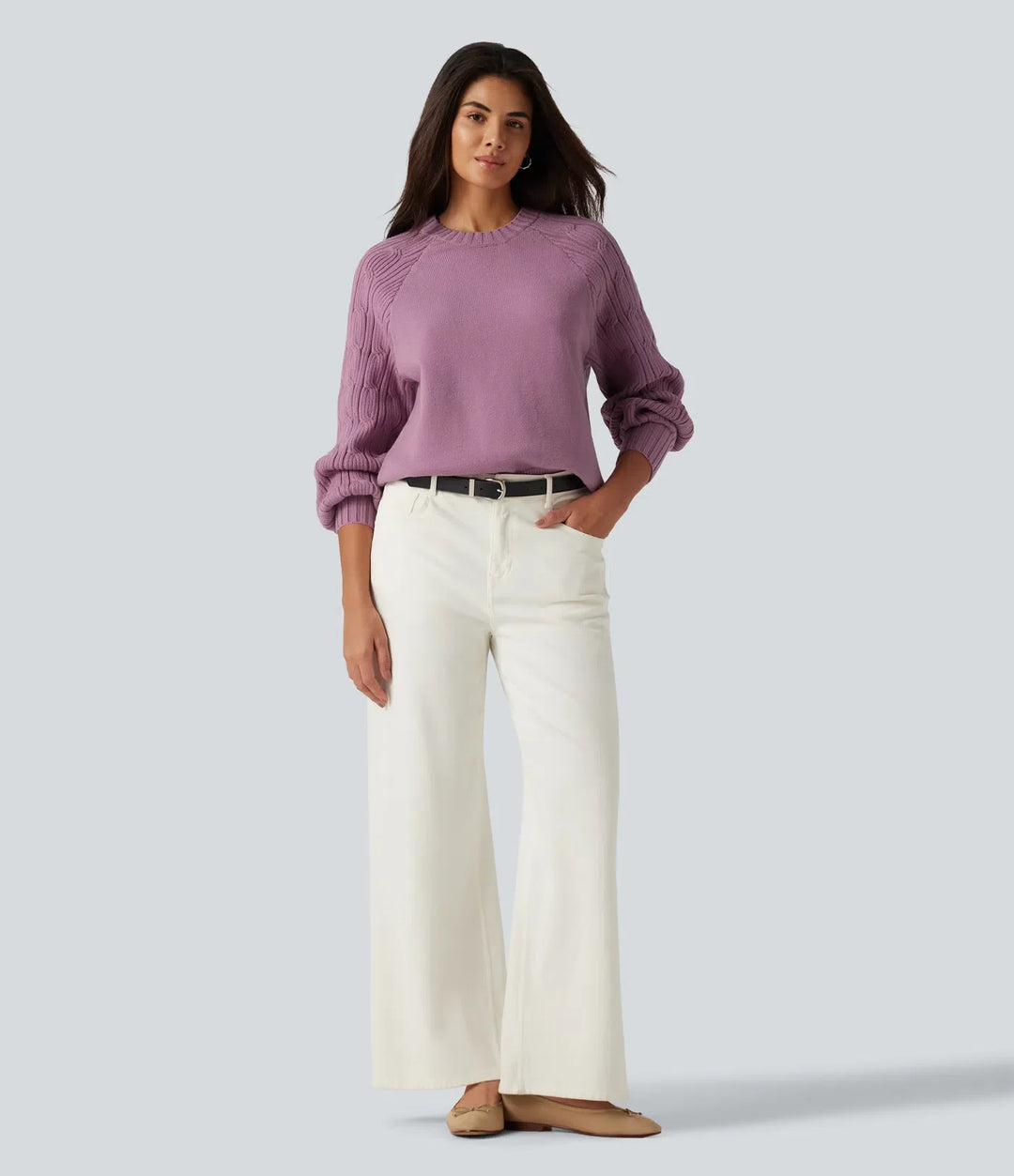 Round Neck Long Sleeve Slit Hem Casual Sweater