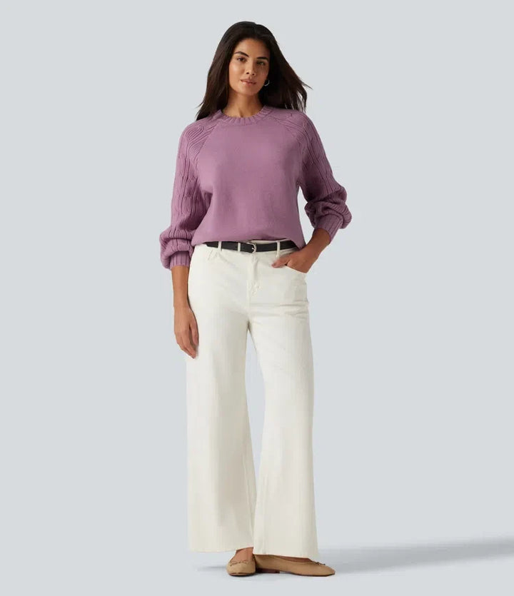 Round Neck Long Sleeve Slit Hem Casual Sweater