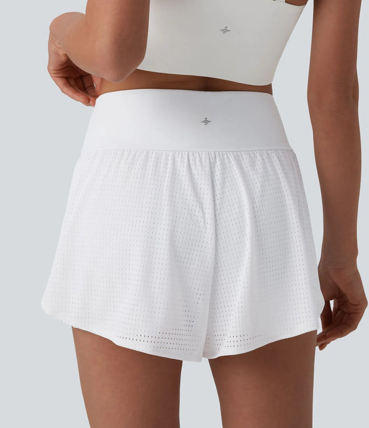 High Waisted Tummy Control Reflective Dots Crossover Curved Hem 2-in-1 Eyelet Yoga Shorts with Pockets