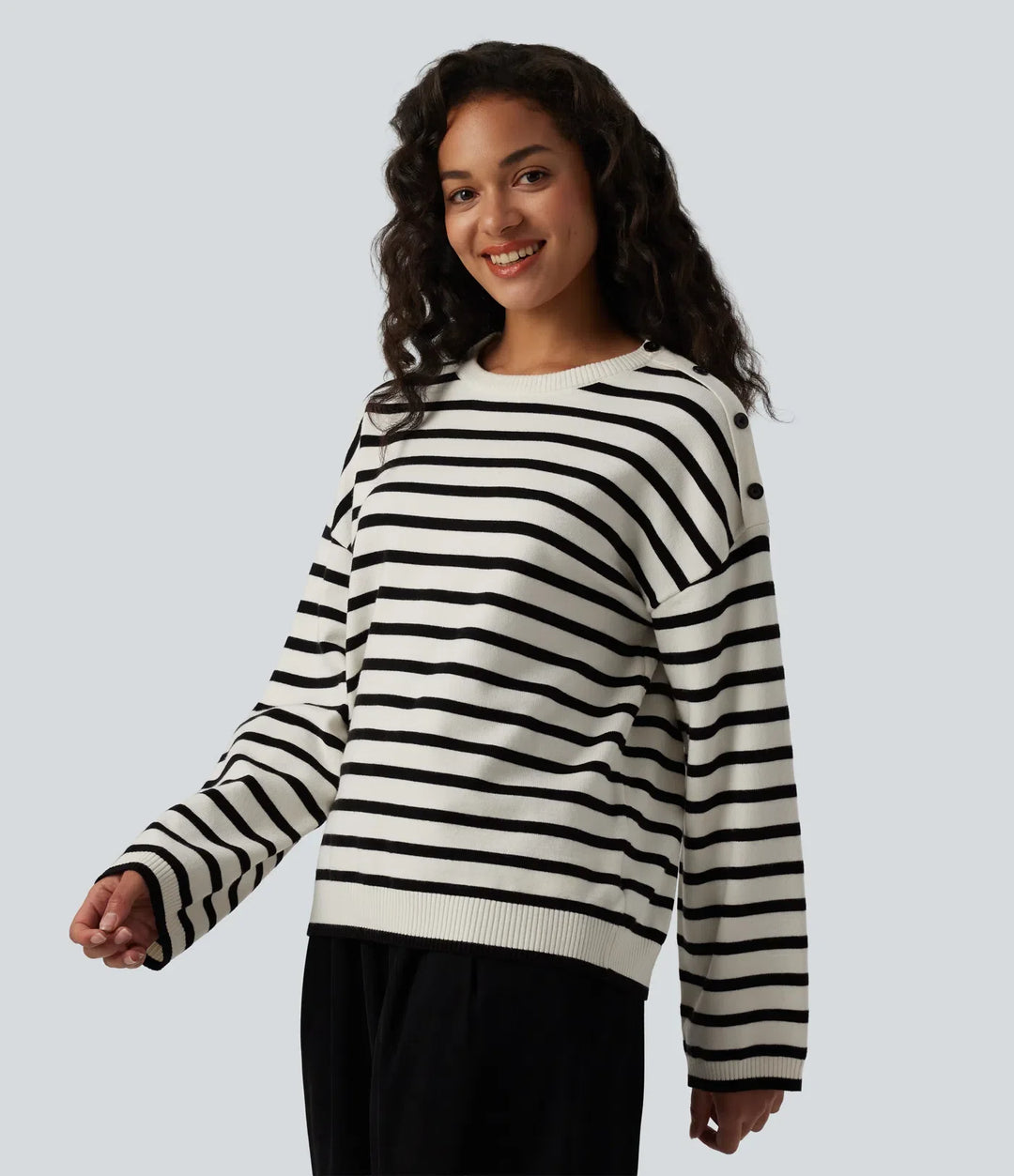 Round Neck Long Sleeve Stripe Decorative Button Casual Sweater