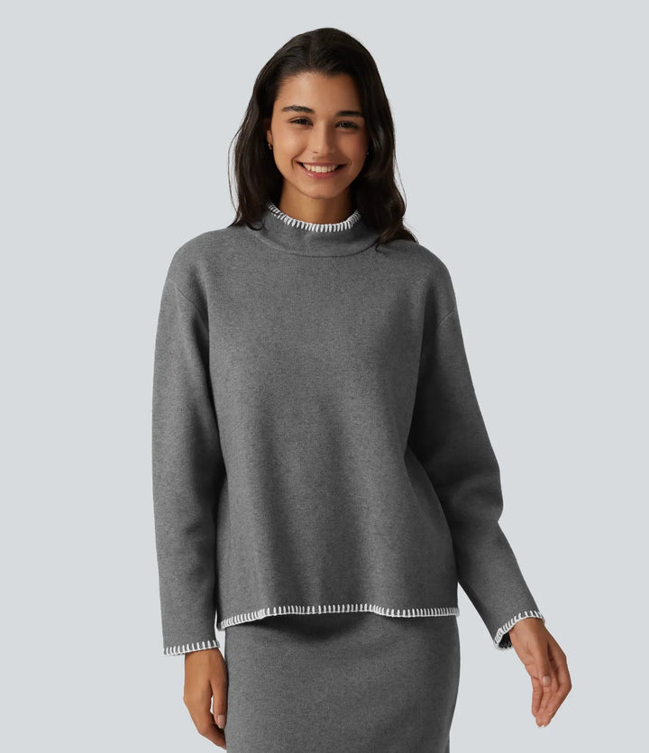 Stand Collar Long Sleeve Crochet Work Sweater