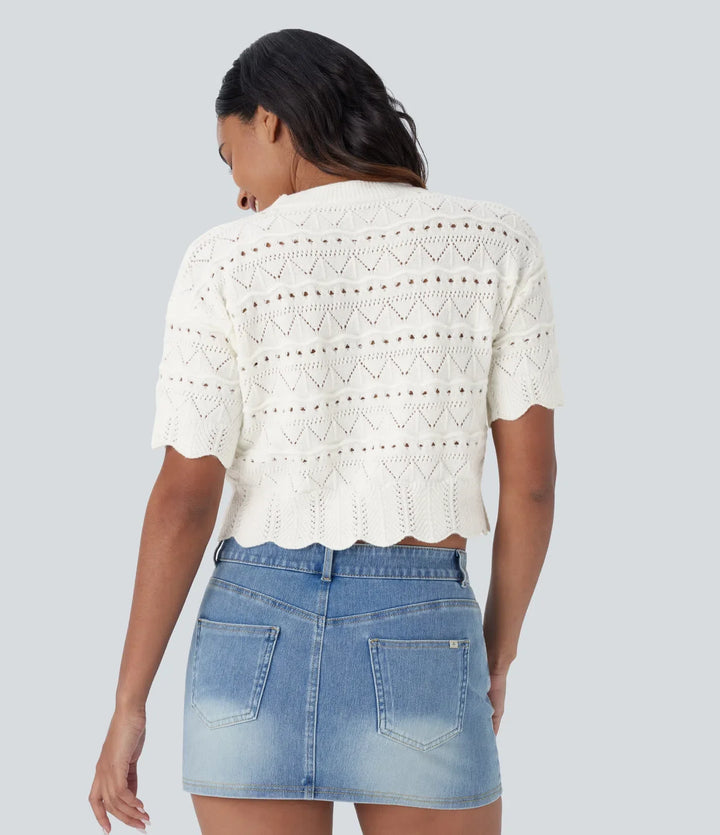 Round Neck Short Sleeve Scallop Hem Open Knit Casual Sweater