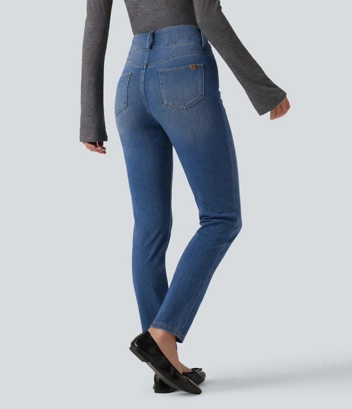 Halara Flex Mid Rise Asymmetric Casual Skinny Jeans with Pockets