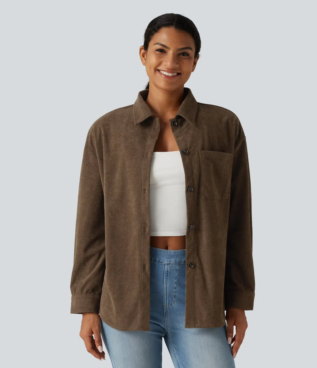 Long Sleeve Curved Hem Corduroy Casual Shirt Jacket with Pocket