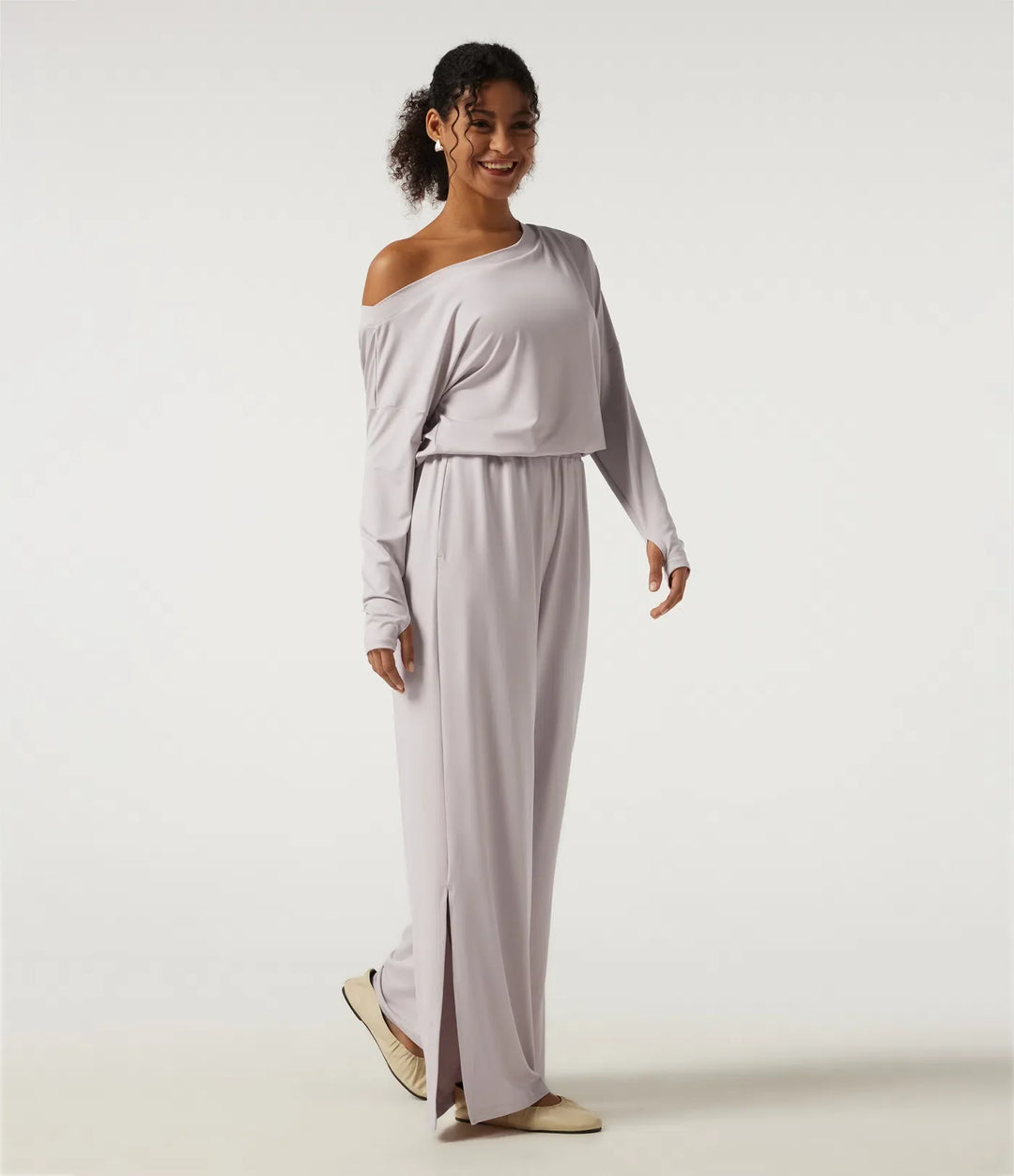 One Shoulder Long Sleeve Wide Leg Casual Jumpsuit with Built-in Bra and Pockets -Easy Peezy Edition