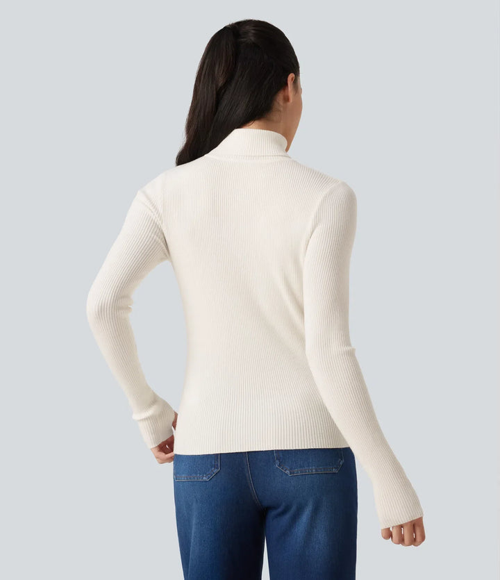 High Neck Long Sleeve Thumb Hole Work Wool-Blend Sweater