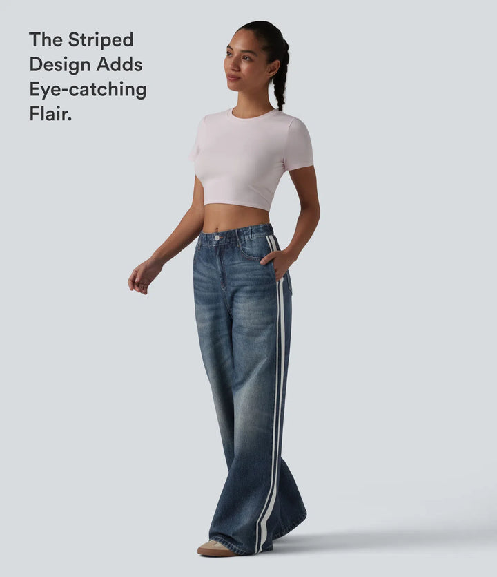 Mid Rise Denim Print French Terry Stripe Casual Sweatpants Jeans with Pockets