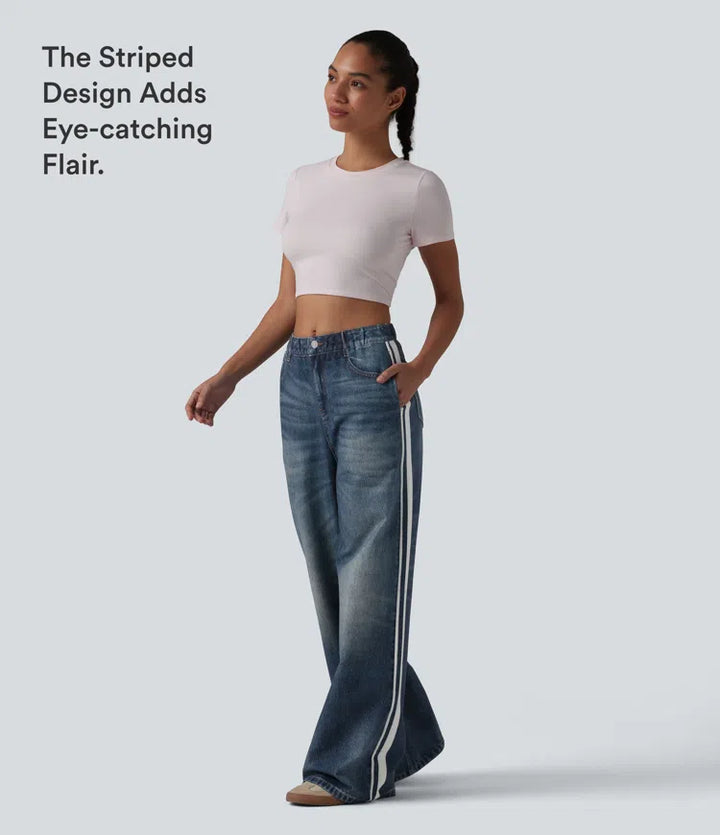 Mid Rise Denim Print French Terry Stripe Casual Sweatpants Jeans with Pockets