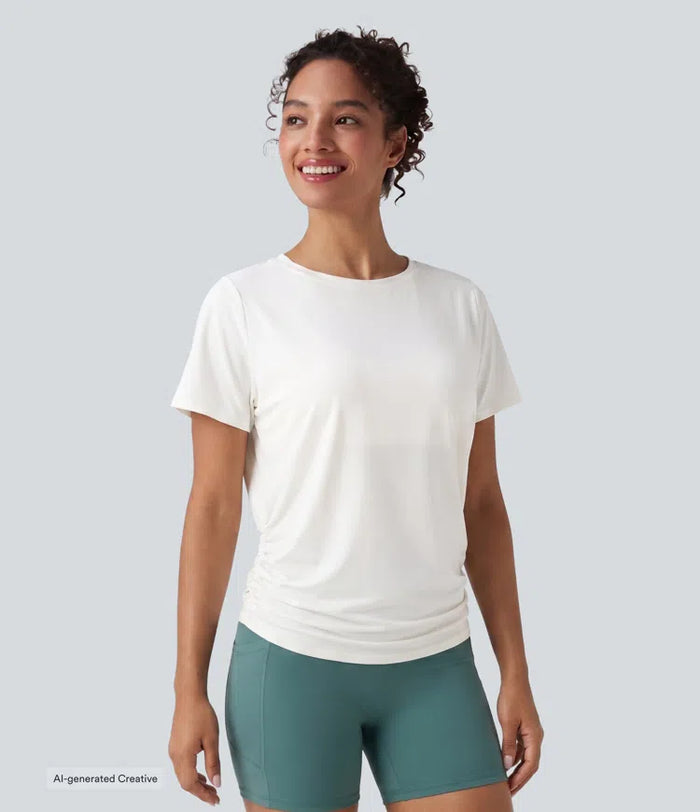 Round Neck Short Sleeve Ruched InstantCool Yoga Sports Top-Longer Length-UPF50+