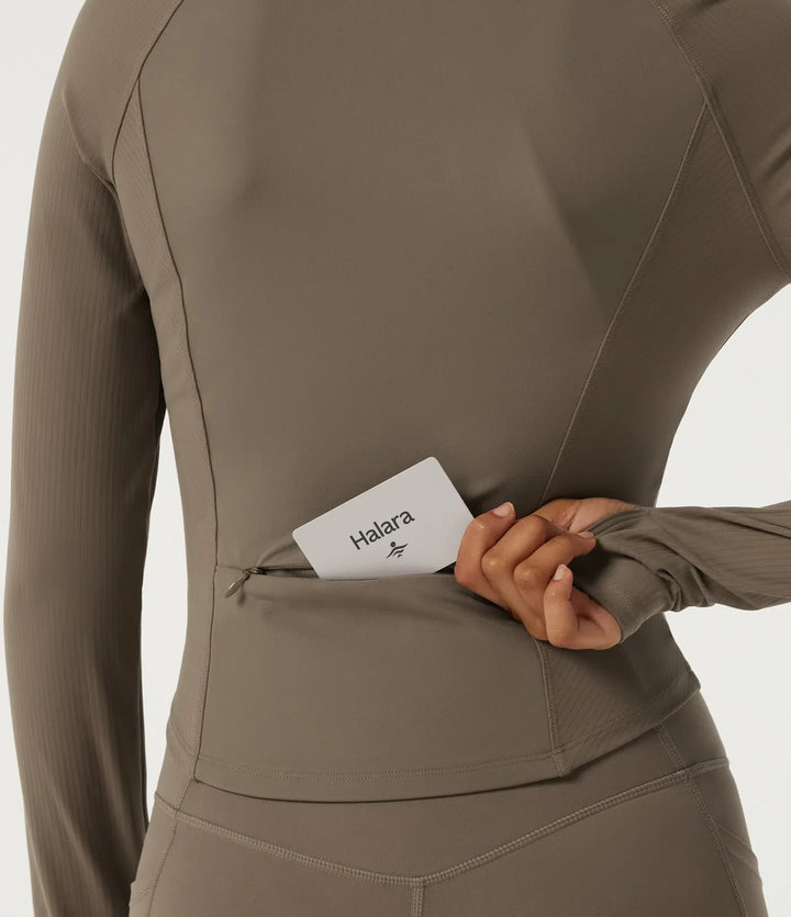 Halara UltraSculpt Mock Neck Long Sleeve Yoga Curvy Jacket with Thumbholes and Pockets