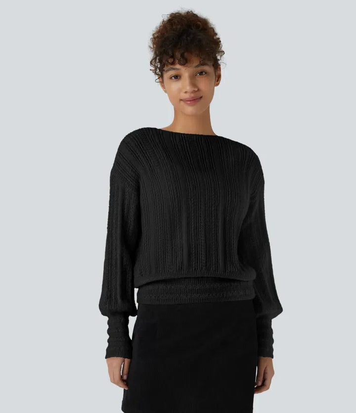 Sheer V Neck Long Sleeve Work Sweater-Front and Back Wearable