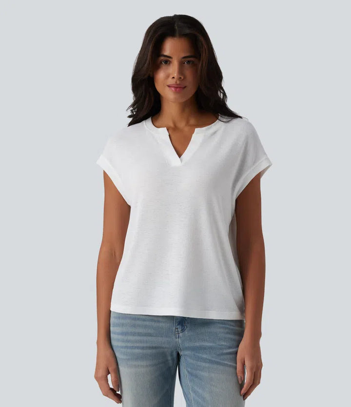 Semi Sheer Notched Short Sleeve Casual T-Shirt
