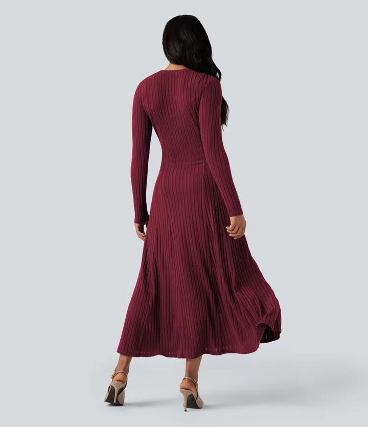 Ribbed Knit Henley Neck Long Sleeve Flowy Maxi Casual Dress