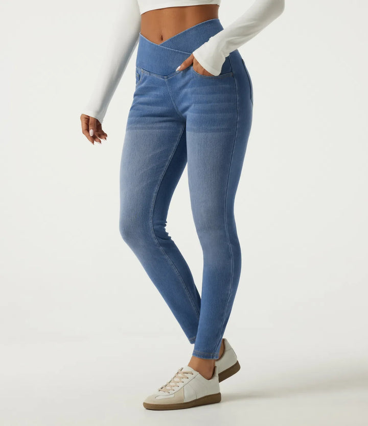 Halara Flex High Waisted Tummy Control Crossover Skinny Casual Jeans with Pockets
