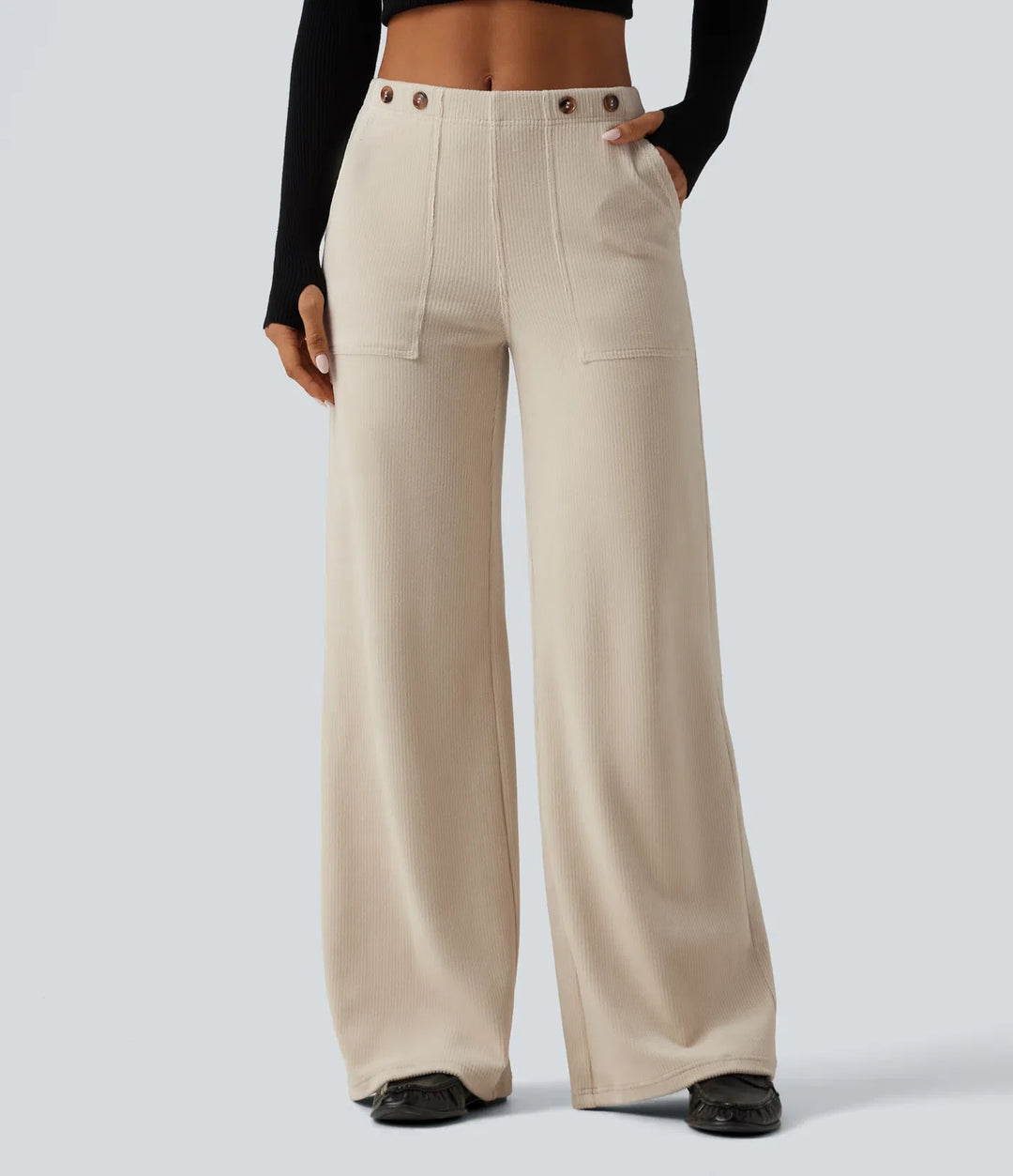 Mid Rise Wide Leg Corduroy Casual Pants with Pockets