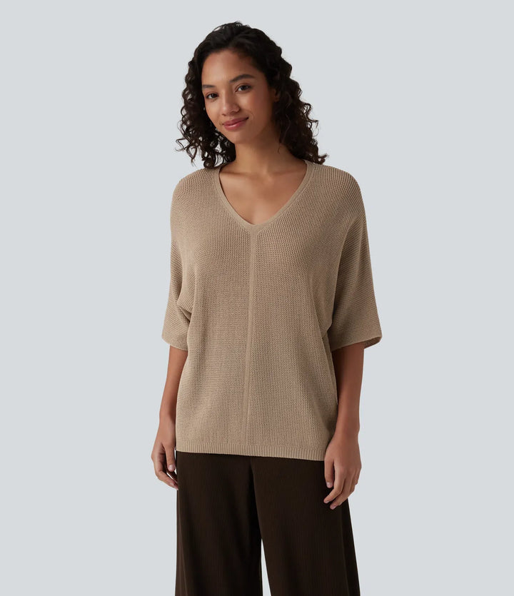 V Neck Half Sleeve Casual Sweater