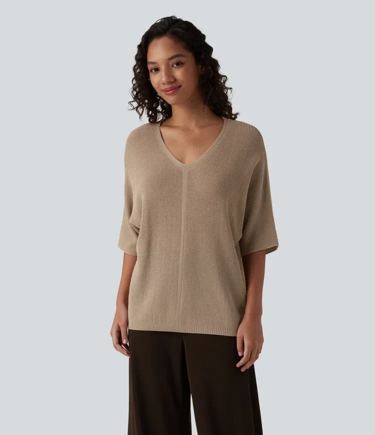 V Neck Half Sleeve Casual Sweater