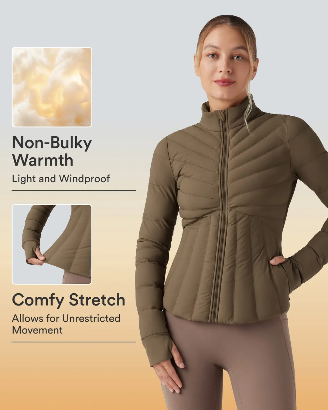 PuffFlex Stand Collar Thumb Holes Stretchy Workout Padded Jacket with Pockets