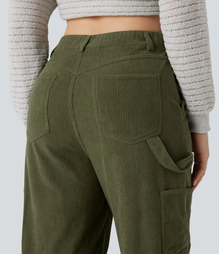 High Waisted Straight Leg Corduroy Casual Pants with Pockets