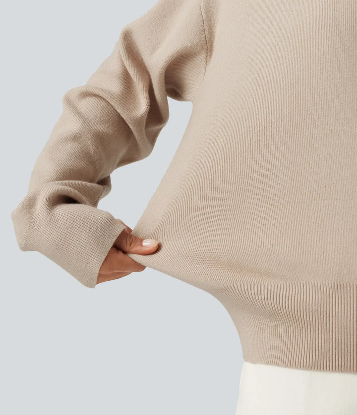 Round Neck Dropped Long Sleeve Color Block Work Sweater