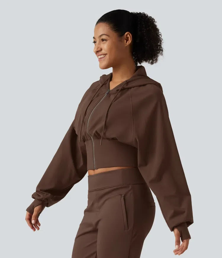 Hooded Raglan Sleeve Cropped Yoga Jacket with Hidden Pocket and Thumb Holes