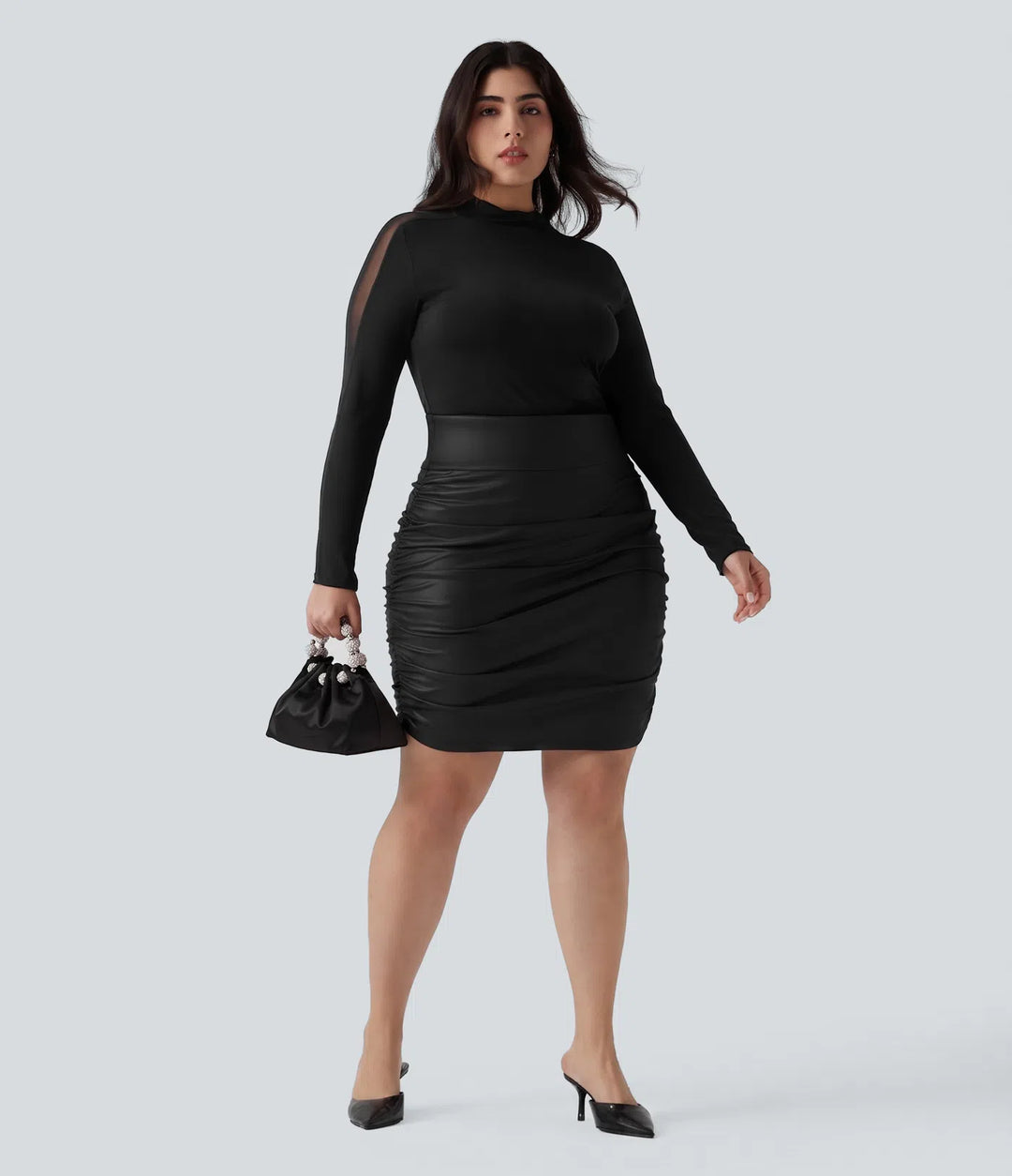 Plus Size High Waisted Tummy Control Ruched Curved Hem 2-in-1 Bodycon Fleece PU Leather Mini Skirt-Longer Length