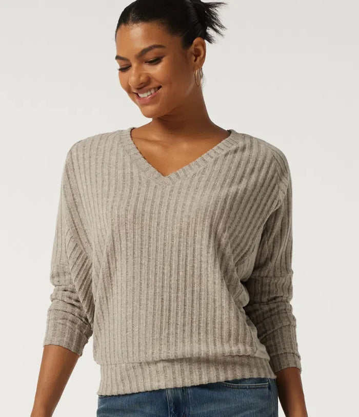 Ribbed Knit V Neck Long Sleeve Casual Top