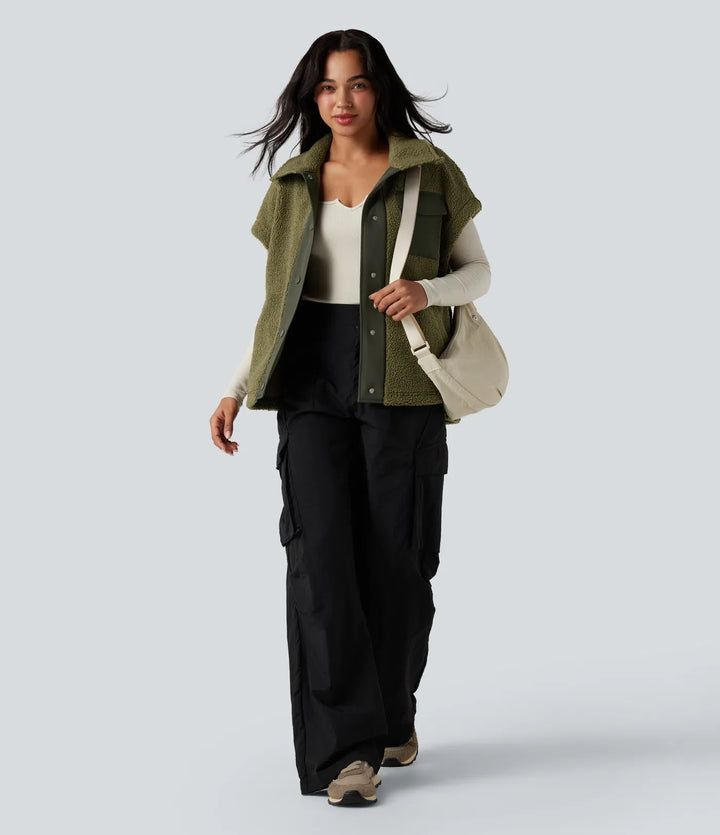 Stand Collar Cap Sleeve Color Block Hiking Sherpa Vest with Pockets