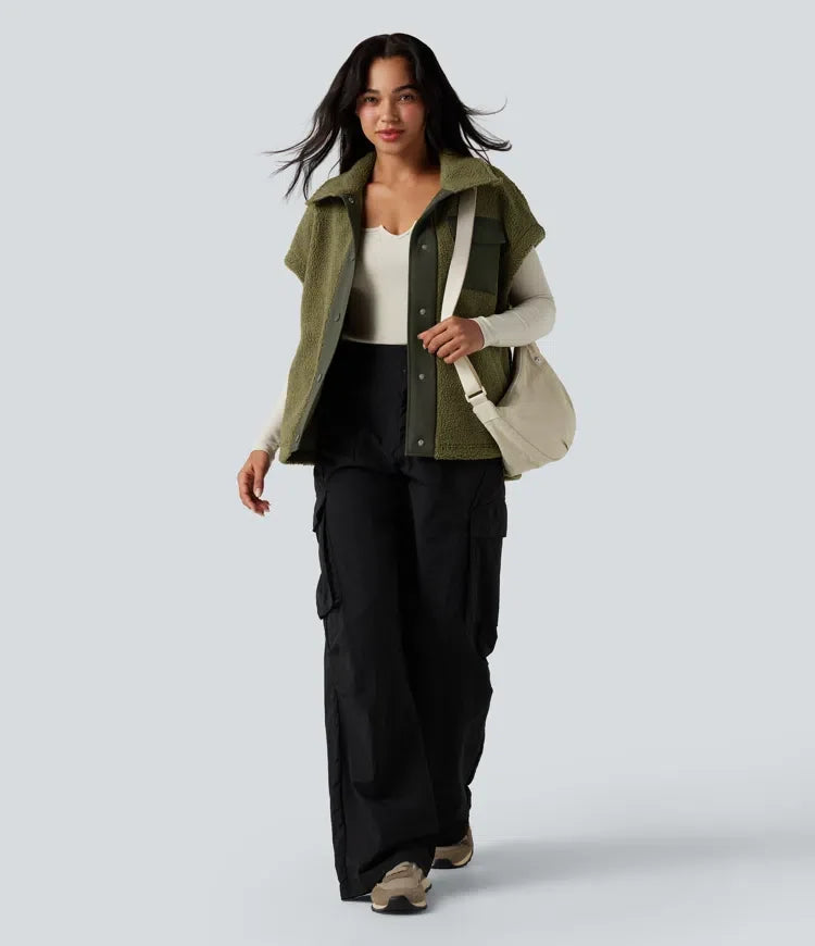 Stand Collar Cap Sleeve Color Block Hiking Sherpa Vest with Pockets