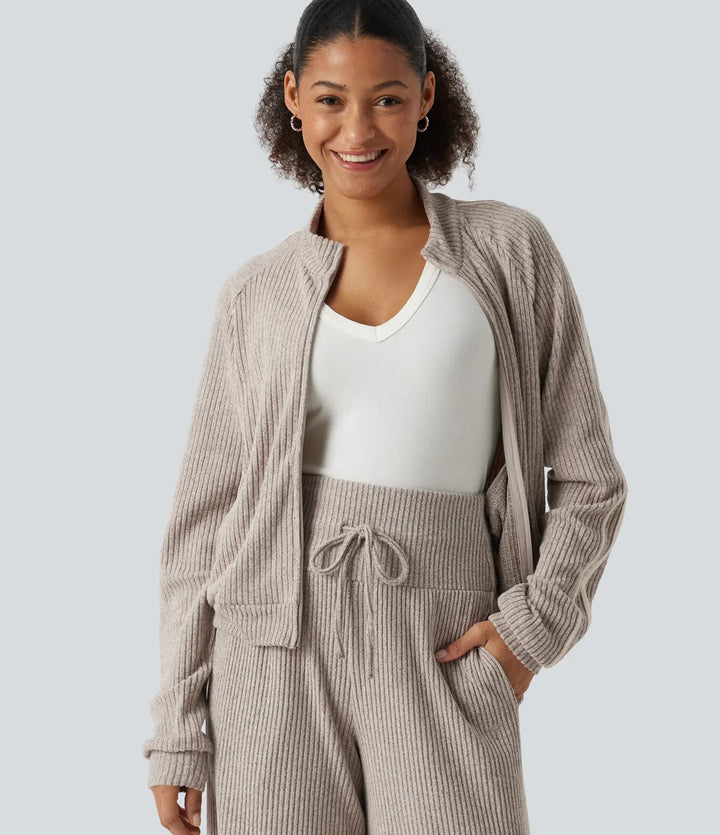 Ribbed Knit Stand Collar Side Stripe Long Sleeve Casual Track Jacket with Pockets