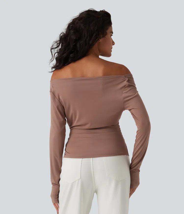 Ribbed Halter Off Shoulder Long Sleeve Ruched Asymmetric Hem Casual Top