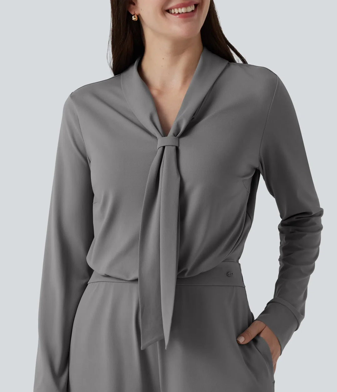 V Neck Long Sleeve Wide Leg Work Jumpsuit with Pockets-Easy Peezy Edition
