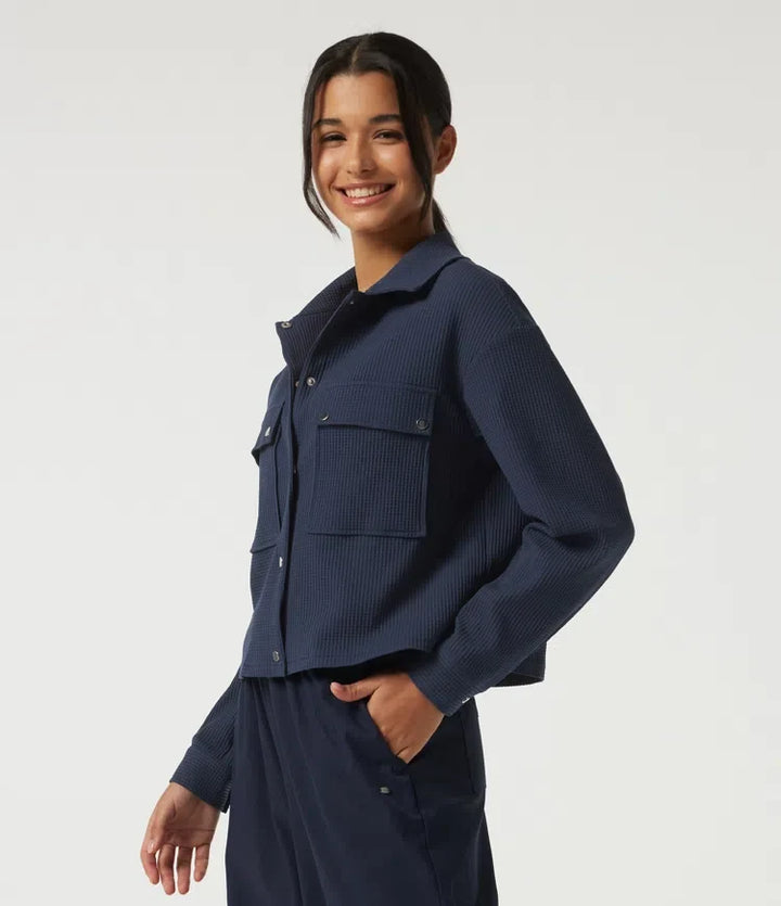Lapel Dropped Long Sleeve Waffle Casual Jacket with Pockets