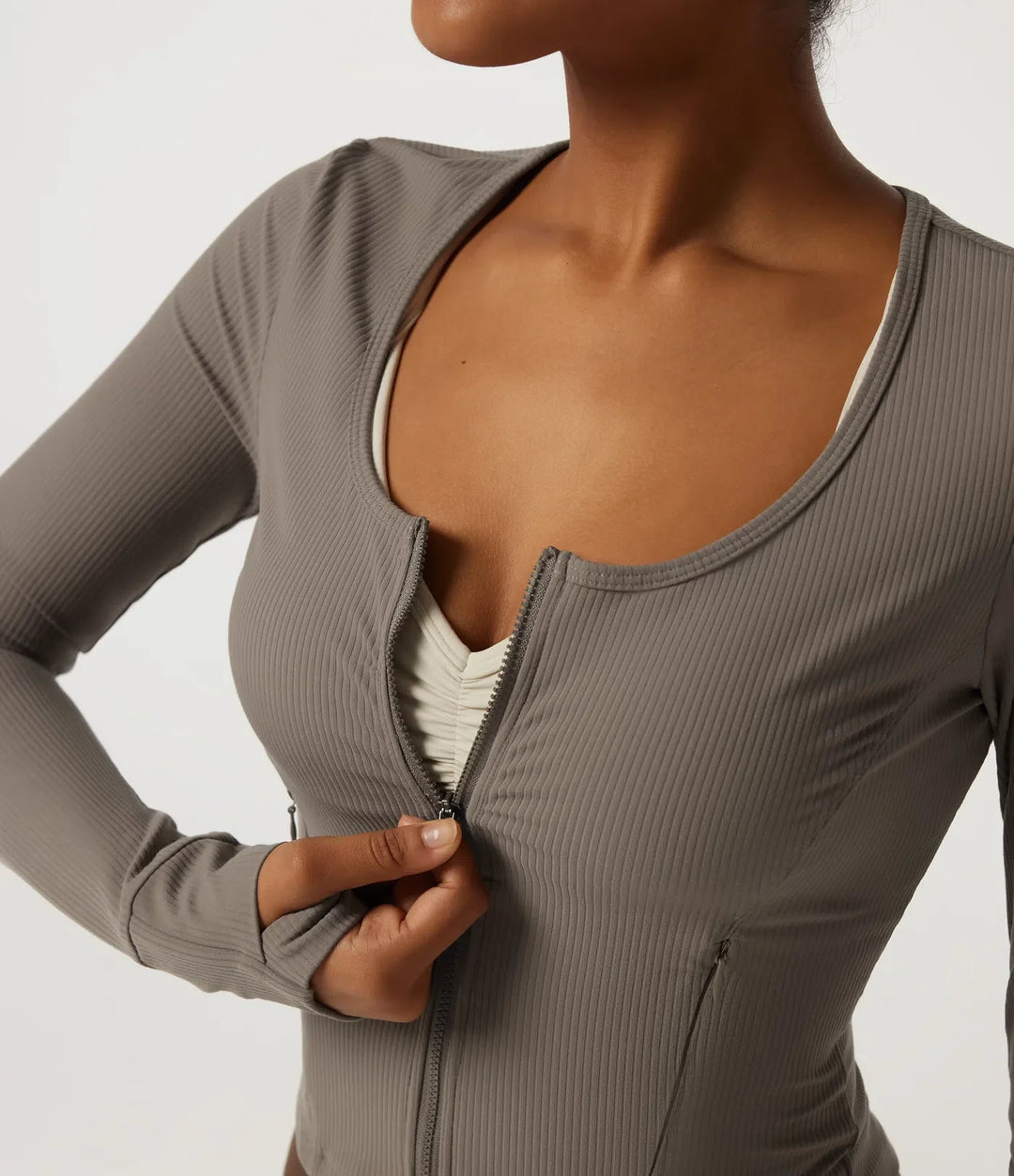 Ribbed Knit Round Neck Long Sleeve Yoga Track Jacket with Pockets and ThumbHoles