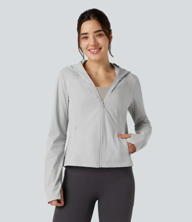 Hooded Long Sleeve Thumb Hole Zipper Hiking Jacket with Pockets-UPF40+