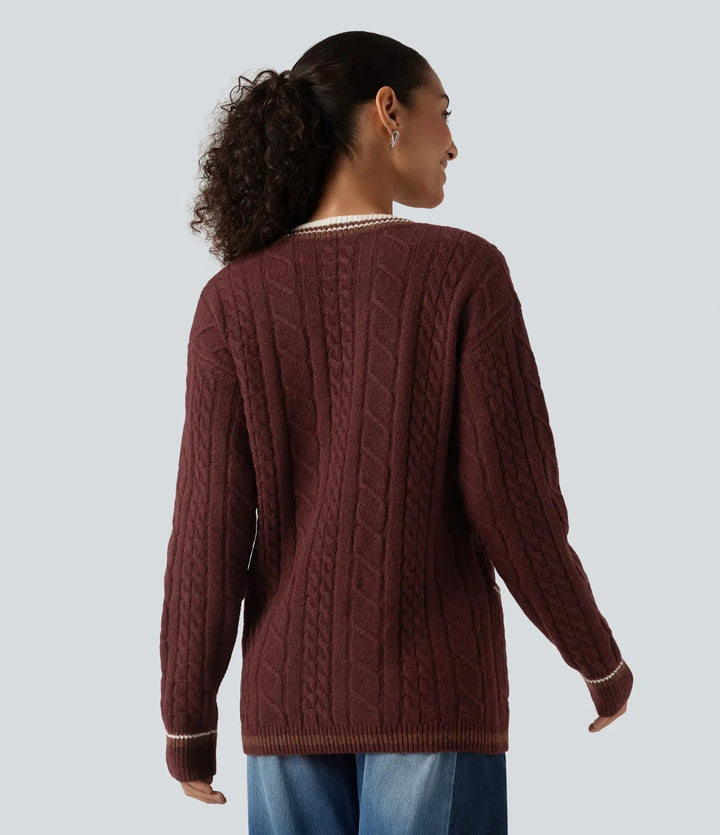 V Neck Long Sleeve Color Block Work Cardigan with Pockets